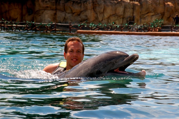 Yves schwimmt mit dem Delphin
