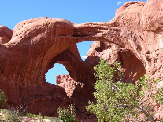 Double Arch
Zwei mächtige Bögen, die etwa im rechten Winkel zueinander stehen. Steht man zwischen ihnen, kommt man sich wegen der Größe ein wenig verloren vor. 
