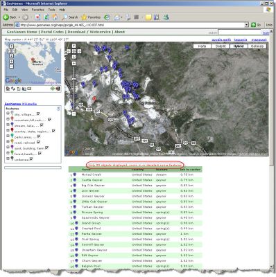 Auszug Geyserliste Geonames Database
